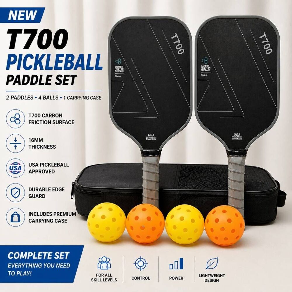 NEW T700 Carbon Fiber Pickleball Paddles Set 2 USA Approved 16mm Balls Case